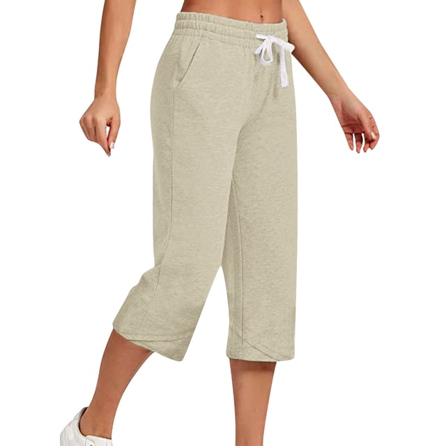 Innerwin Pantalon Capri Ample à Jambe Droite pour Femmes, Couleur Unie, Abricot, Taille 2TG