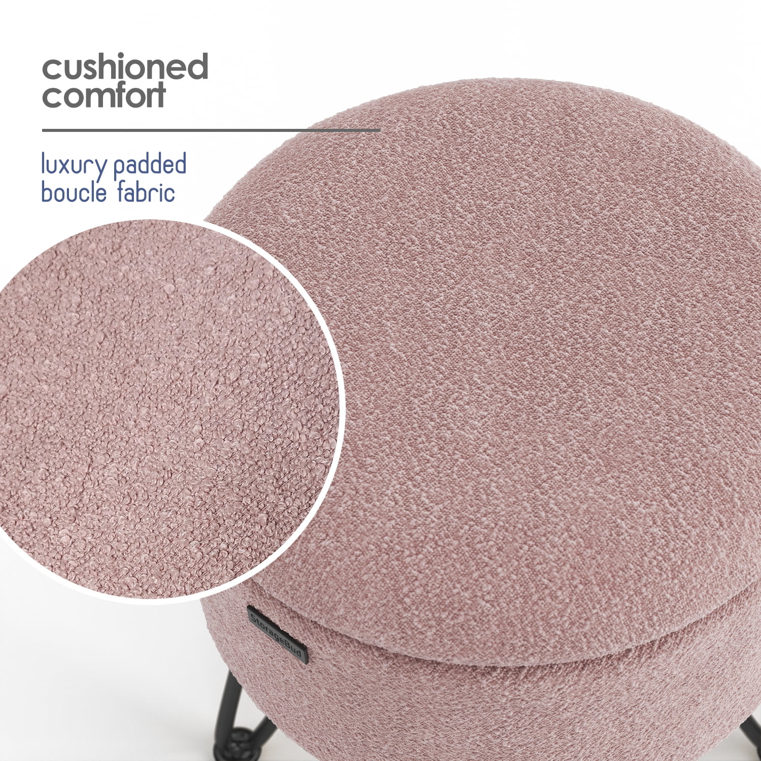 LammaLoe Small Round Ottoman with Storage, Boucle Ottoman Foot Stool with Lid, Upholstered Vanity Stool for Living Room & Bedroom, Pink