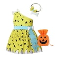 thumbnail image 3 of Pandaie Toddler Girl Cavegirl Outfits Girls Costume Halloween Black Tulle Corset Waist Dress Bone Bow Headband and Bags Yellow,9-18Months, 3 of 4