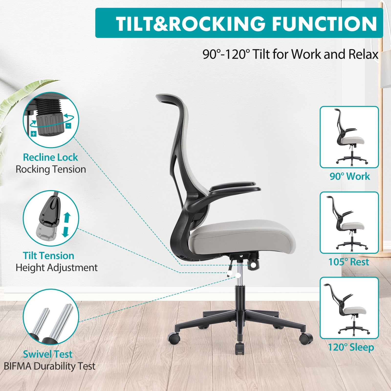 MAYEERTY Ergonomic Office Chair, Comfort Home Office Task Chair, Flip-up Arms and Adjustable Height, Gray