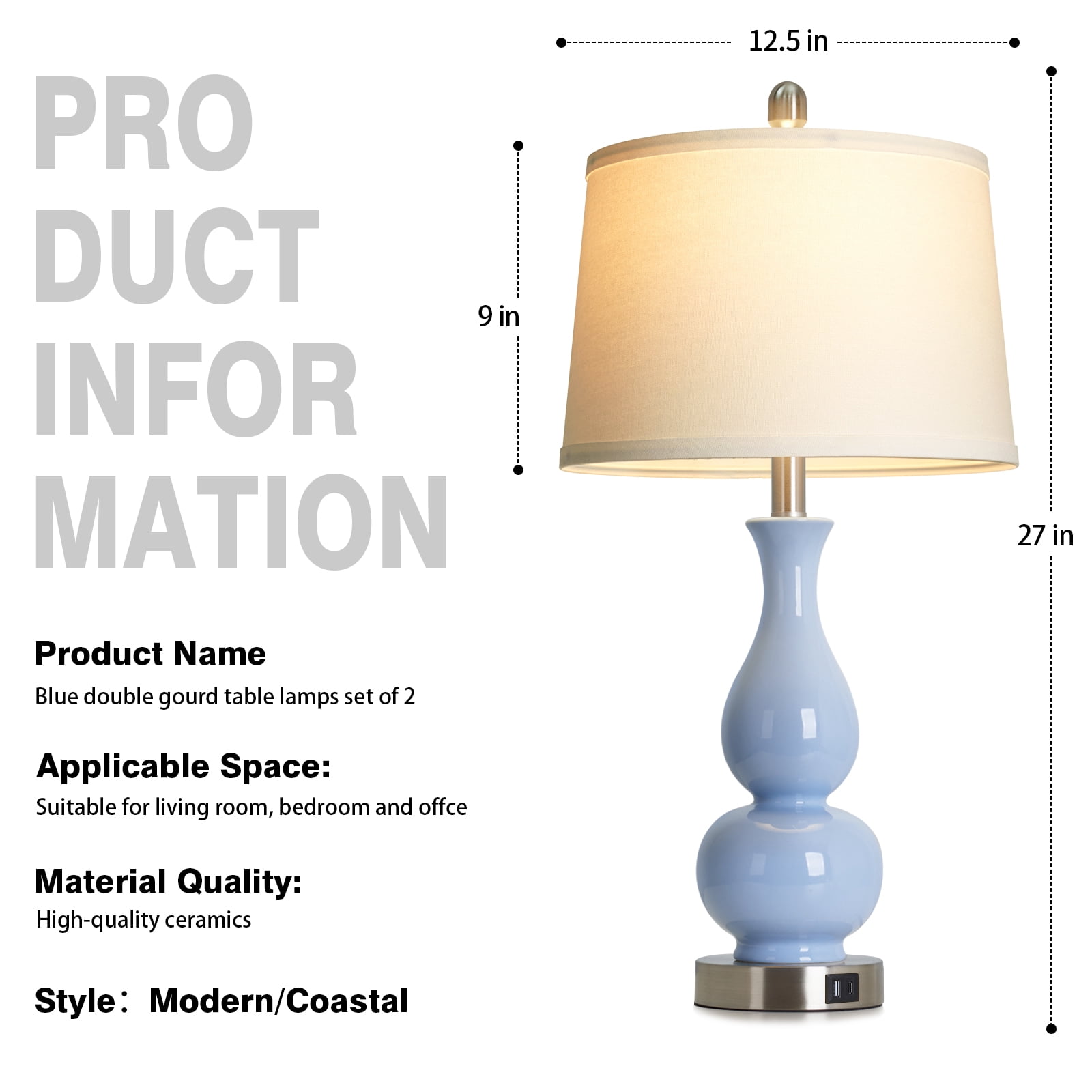 Lolikit Table Lamp Set of 2, Coastal Blue Ceramic Coastal Lamp, 27" Modern Nightstand Bedside Lamp for Living Room Bedroom, Bulbs Included