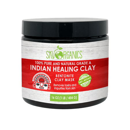 Indian Healing Clay By Sky Organics 16oz –100% Pure & Natural Bentonite Clay-Therapeutic Grade - Face Skin Care, Deep Skin Pore Cleansing, Detoxifying- Helps with Acne & Rejuvenating Skin-