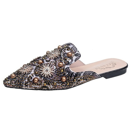 

Fsqjgq Round Toe Heels for Women Fashion Summer and Autumn Women Pumps Low Heel Flat Pointed Toe Pearl Rhinestone Colorful Print Half Slippers Mules Hills for Women Beige 37