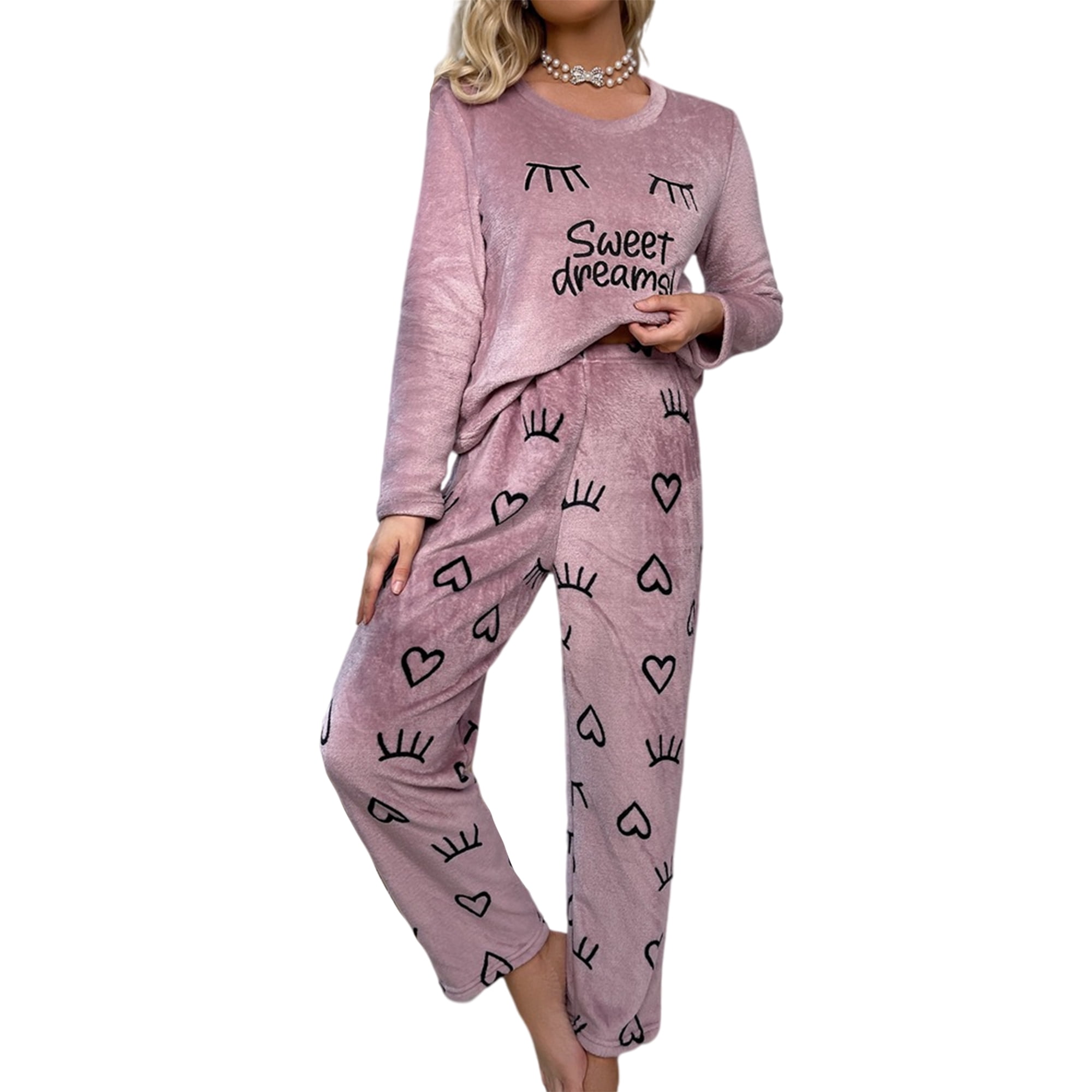 UKAP Women Nightwear Crew Neck Flannel Pajamas Sets Letters Print Sleepwear Baggy Home Clothes Lounge Set Purple S