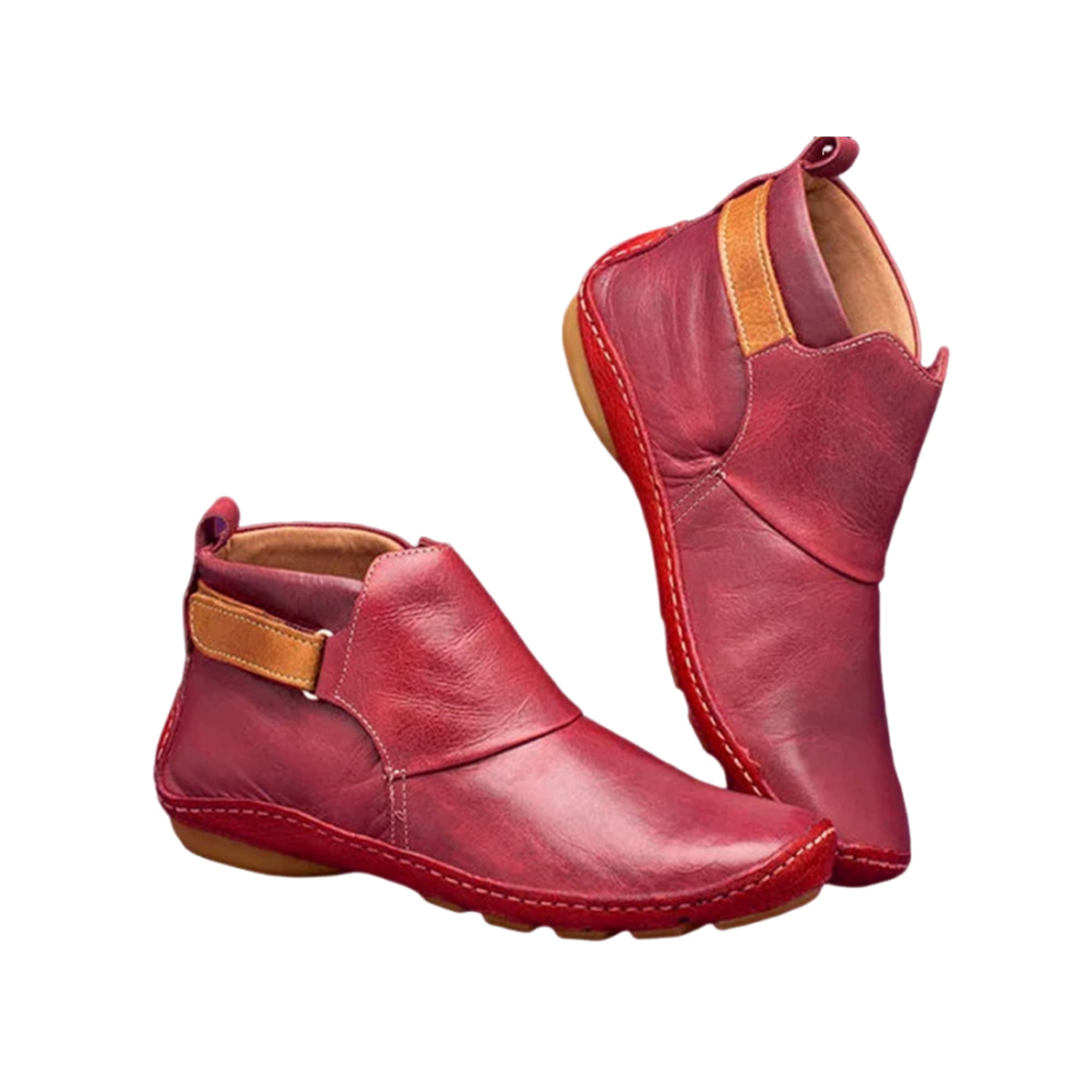 UKAP Women Flat Boots Low Heel Ankle Booties Slip On Casual Faux Leather Red 10.5 Walmart