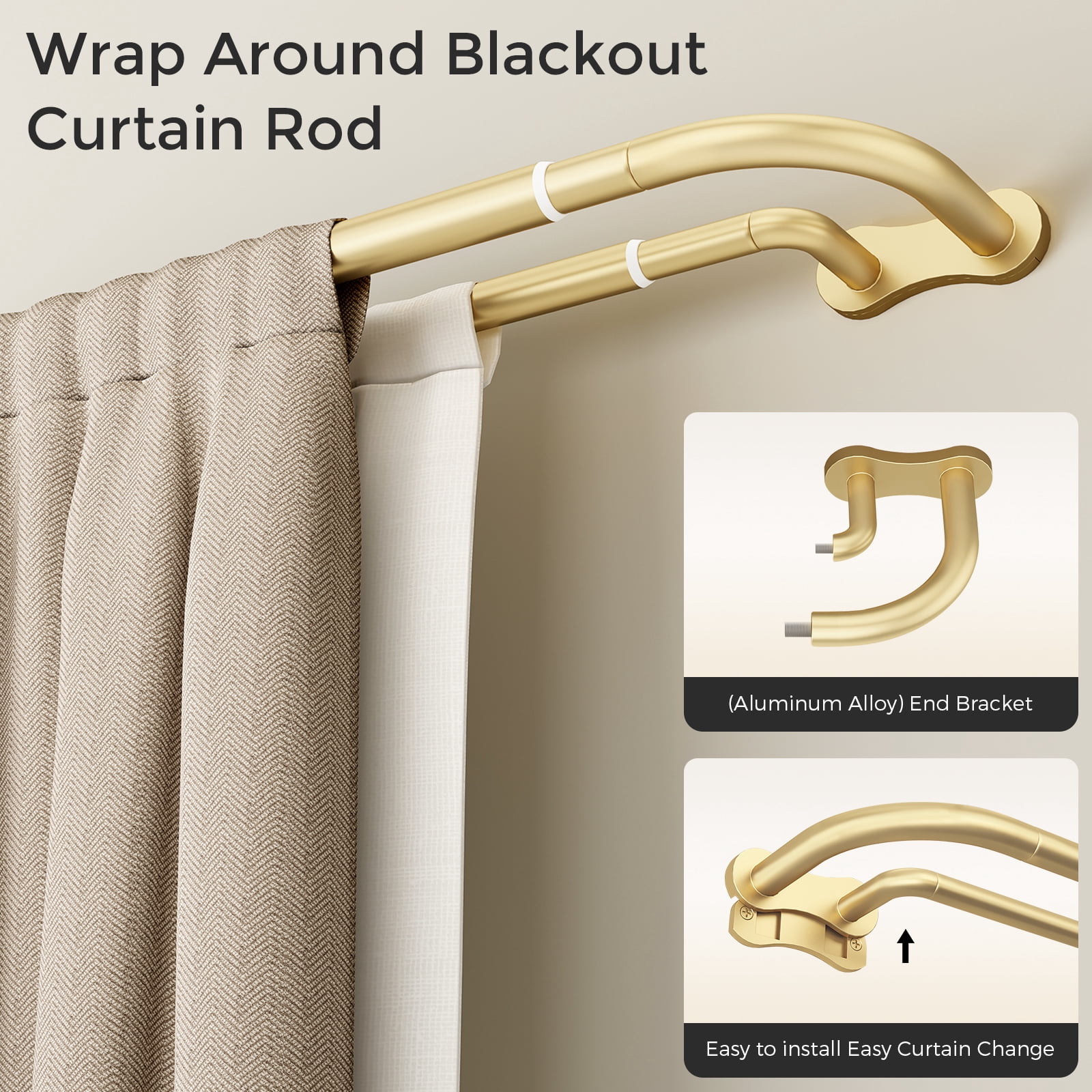 OLV Wrap Around Double Curtain Rods for Window,30-60 inch,Gold