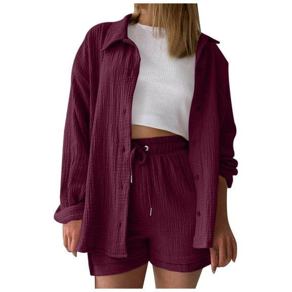 Women's Shorts Suit Fashion Set Long Sleeve Shirt and Shorts Two Piece Outfit Casual Comfortable Stylish Summer Clothes
