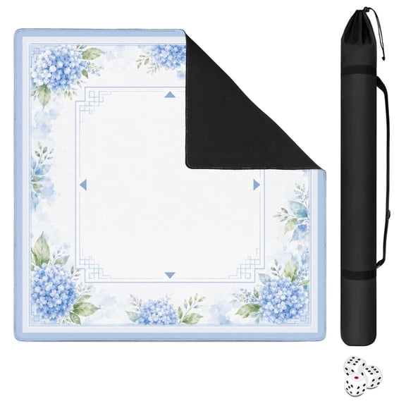 Mahjong Mat 31.5" x 31.5" Blue Hydrangea Floral Border_02 Non-Slip Noise Reduction Mahjong Tiles for Dominoes Poker Card Board Games