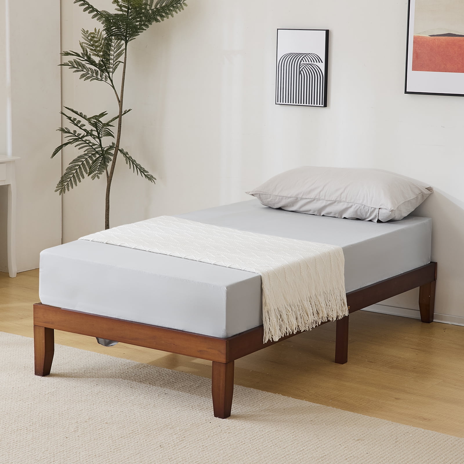 Twin Basic Bed Frame Pine Wood Painted Surface Bed Single Bed, 74.41*37.99*12in Coffee