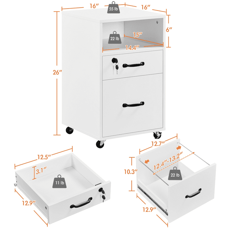 Smile Mart Vintage Mobile File Cabinet 2 Drawer Wooden Storage Furniture for Home and Office White