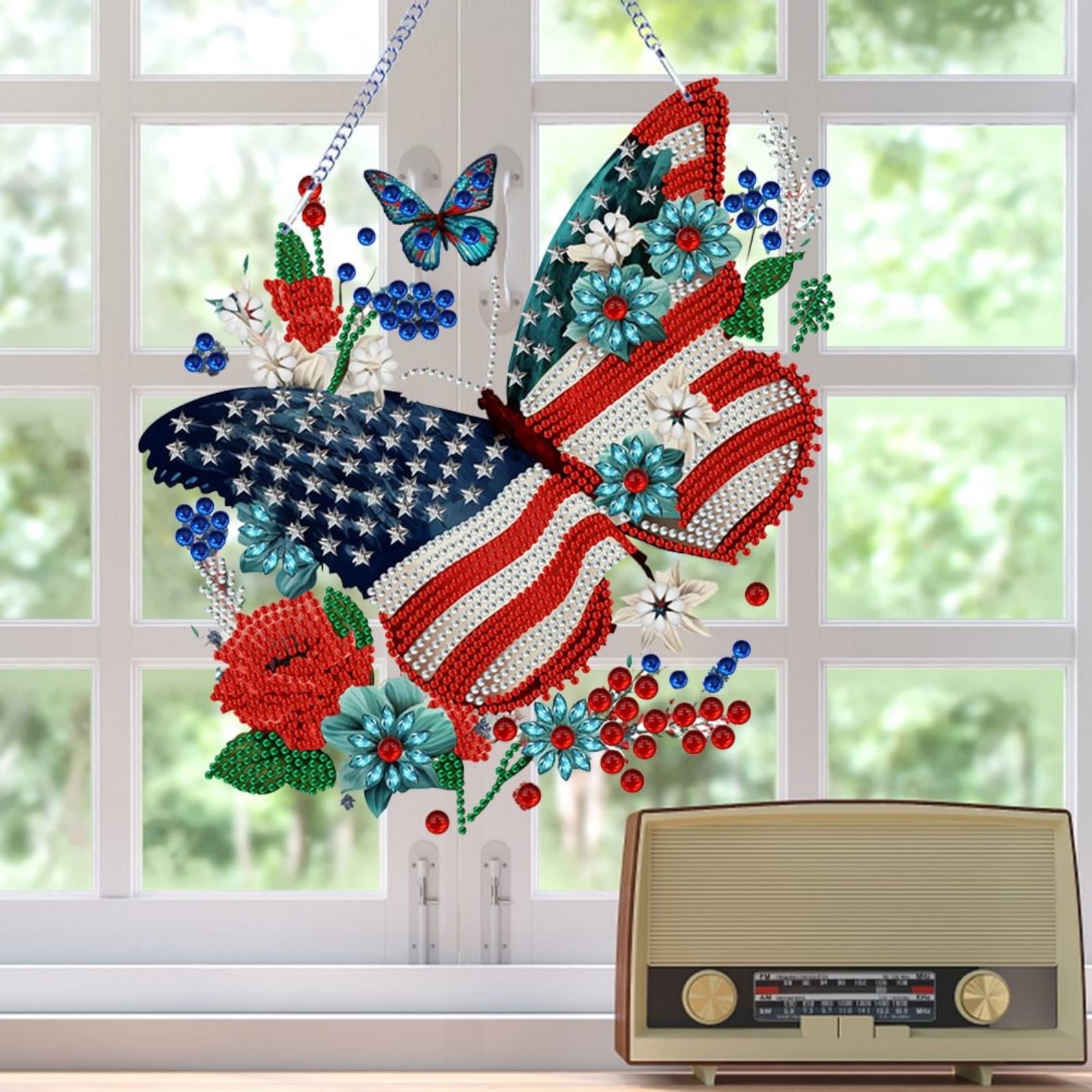 FLOPESN 2PCS DIY Diamond Pendant Diamond Art Painting Independence Day USA Butterfly Creative Design PVC Home Decoration Pendant (Single Side Diamond)
