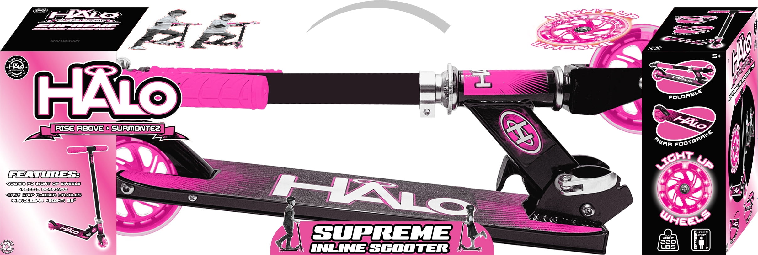 HALO Rise Above Supreme Inline Scooter with Light Up Wheels - Pink - for All Riders (Unisex)