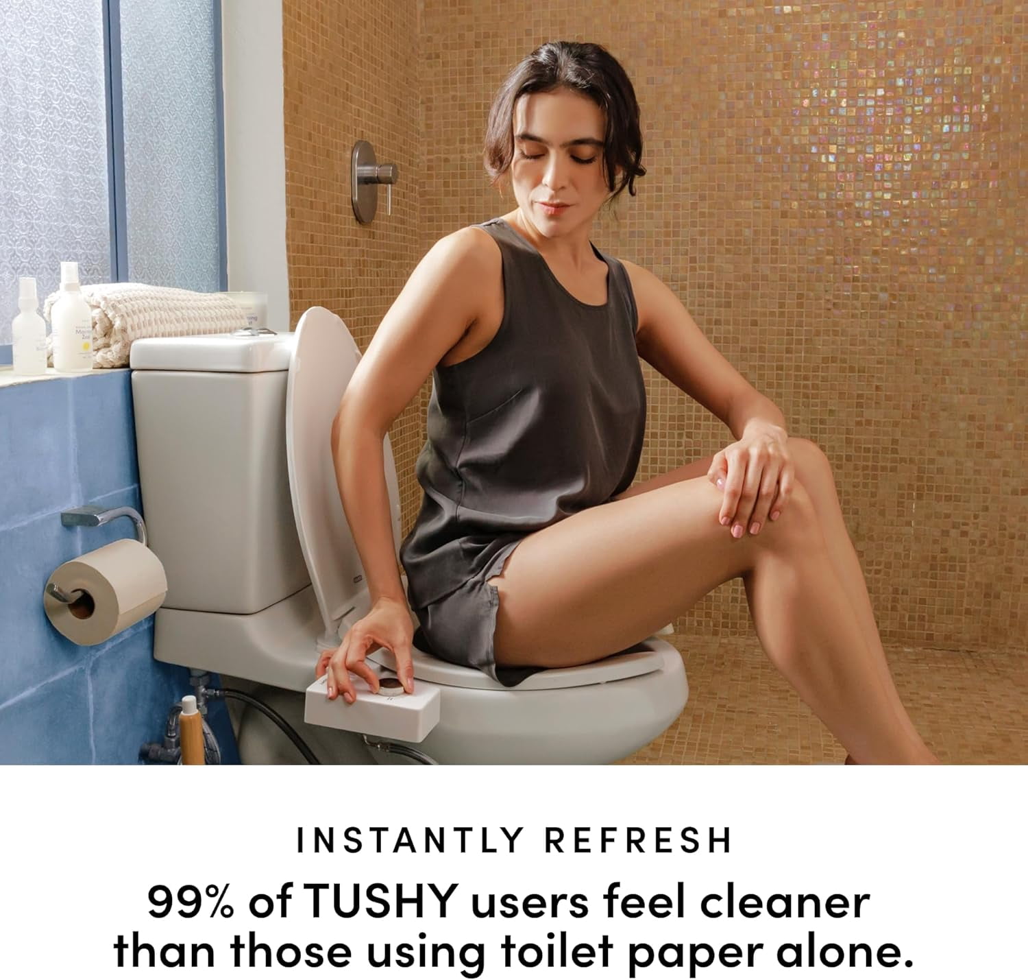 TUSHY Classic 3.0 Bidet Toilet Seat Attachment - Self Cleaning - Water Pressure Nozzle - Blue/Bamboo