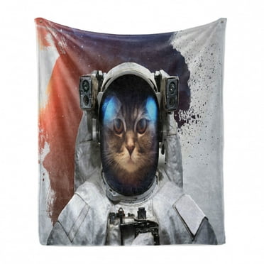 Space Cat Soft Flannel Fleece Throw Blanket, Street Art Grunge Backdrop with Cosmonaut Cat in Space Suit Image, Cozy Plush for Indoor and Outdoor Use, 50" x 70", White Purple and Orange, by Ambesonne