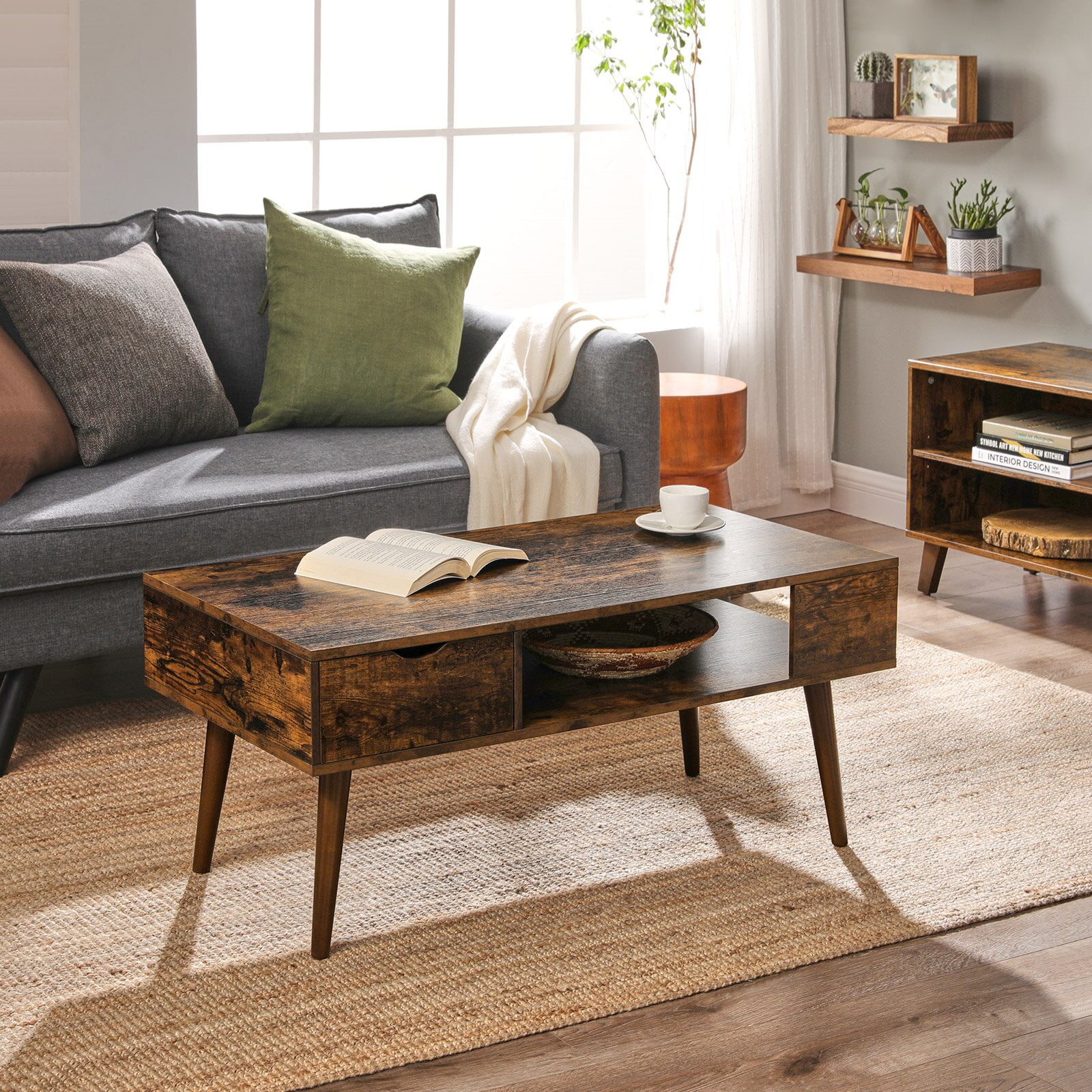 Details about   Living Room End Table Bottom Storage Space Walnut Oak Finish Wooden Furniture 
