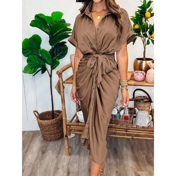 Dark Khaki Satin Shirt Dress With Self-Tie Ruched Waist Short Sleeve Midi