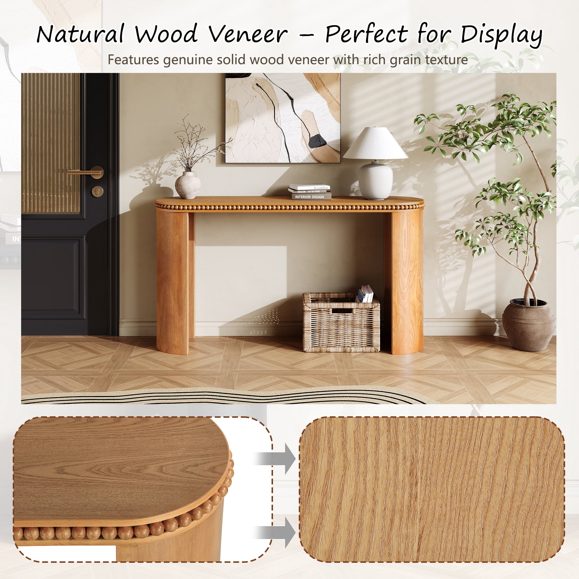 EUROCO Vintage Console Table with Beaded Trim and Reversible Curved Legs,59.8" Wood Long Sofa Table Behind Couch Accent Tables for Entrance Foyer Hallway,Brown