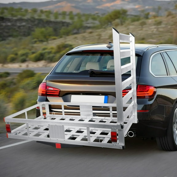 50 x 29.5 x 9 inch Hitch Cargo Carrier, 500lbs Capacity Trailer Hitch Mounted Cargo Basket, Aluminum Luggage Carrier Rack with Folding Ramp, Fits 2" Receiver for SUV Truck Pickup Camping