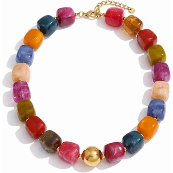 Colorful Beaded Choker Necklace for Women: Boho Large Square Acrylic Beaded Necklace Stainless Steel Adjustable Surfer Beach Strand Necklaces Summer Handmade Jewelry Gift for Women