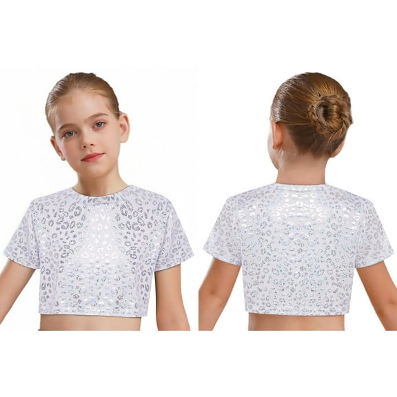 Kaerm Kids Girls Metallic Tees Leopard Print Hip Hop Ballet Dance Crop Tops Modern Jazz Performance T-Shirts White 11-12