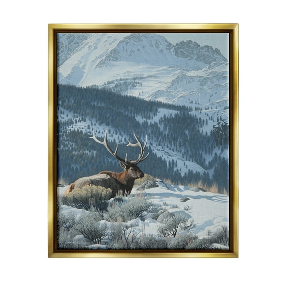 Stupell Industries Deer in Snowy Mountains Nature Painting Gold Floater Framed Art Print Wall Art, 25 x 31