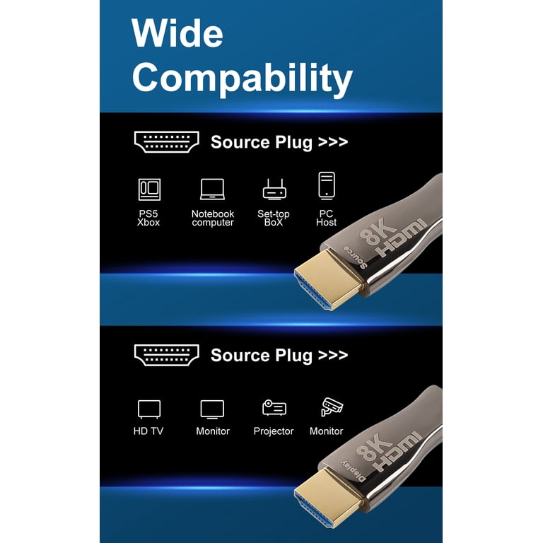 DELONG 100ft Fiber Optic HDMI 2.1 Cable - 8K@60Hz, 4K@120Hz, 48Gbps, EARC, For PS5, Xbox, 8K TVs