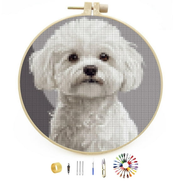 Cute Bichon Frise Dog Stamped Cross Stitch Kits for Beginners with Hoop Simple Patterns 11CT Counted Embroidery Needlepoint Crafts Arts for DIY Enthusiasts and Home Decor 26x26cm(3)