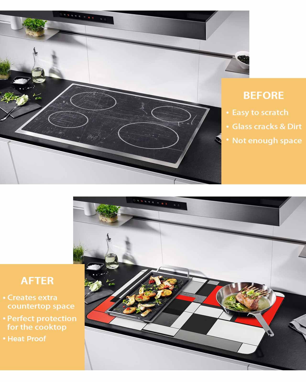 nqOlkjepod Large Induction Cooktop Protector Mat 36"x21", Black Red Geometric Stove Top Covers for Electric Stove, Red White Abstract Art Modern Stove Burner Cover Mats, Glass Top Stove Cover