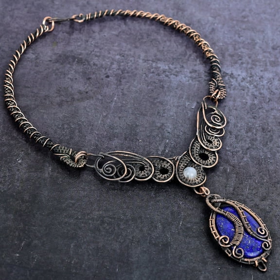 Natural Lapis Lazuli, Moonstone Copper Wire Wrap Jewelry Necklace 18"