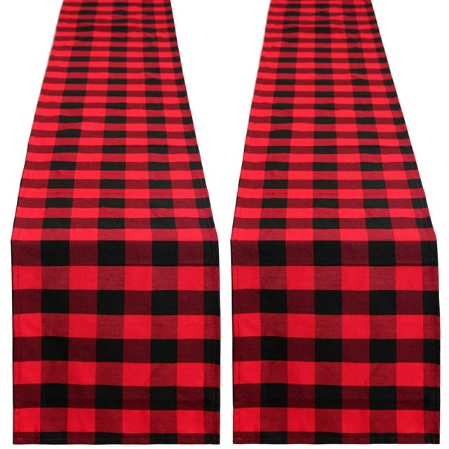 Chemin de Table à Carreaux Buffalo 2 Paquets 13x108 Pouces Rouge et Noir en Coton pour Fêtes de Noël et Rassemblements de Vacances