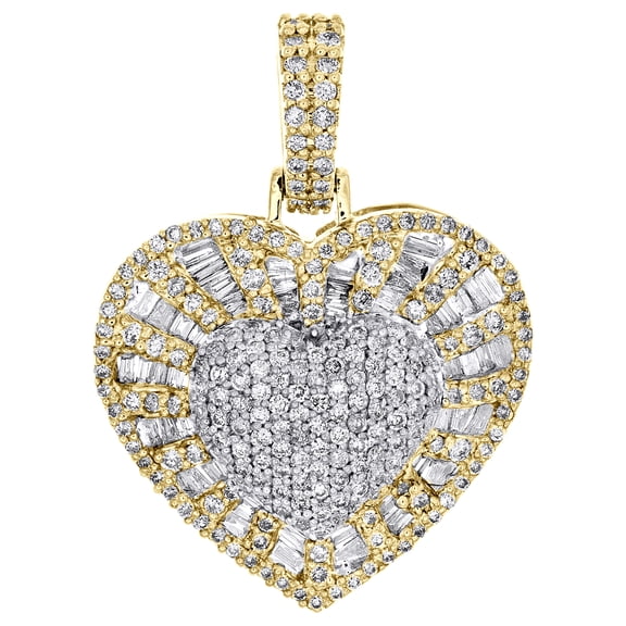 10K Yellow Gold Round & Baguette Diamond Love Heart Pendant 1" Charm 1.25 CT.
