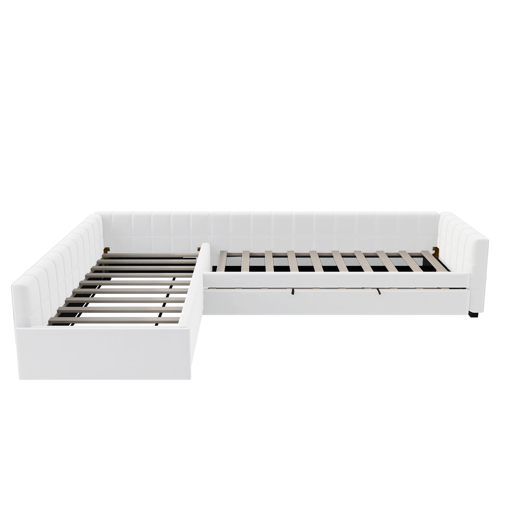Euroco Upholstery L-Shaped Twin Platform Bed with Trundle and Drawer, 3 Beds in 1, No Spring Box Needed, Beige