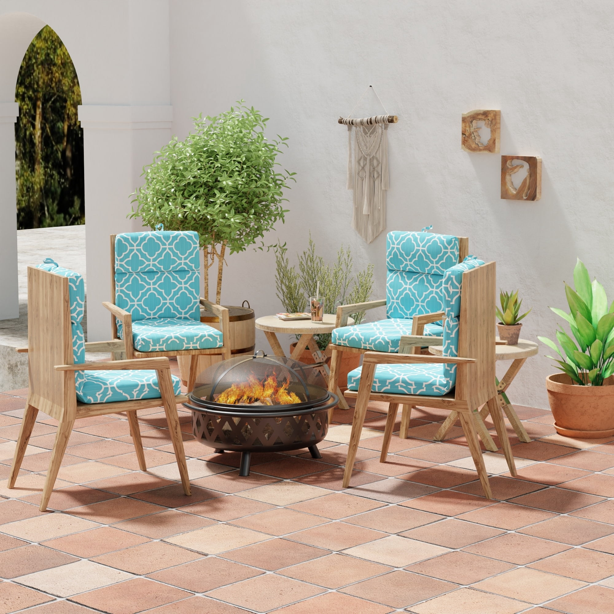Jordan Manufacturing 44" x 22" Fandango Alaskan Blue Quatrefoil Rectangular Outdoor Chair Cushion with Ties and Hanger Loop