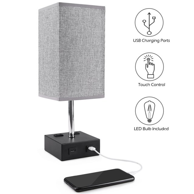 Lámpara de mesa regulable con control táctil de 3 vías y 2 cargas USB