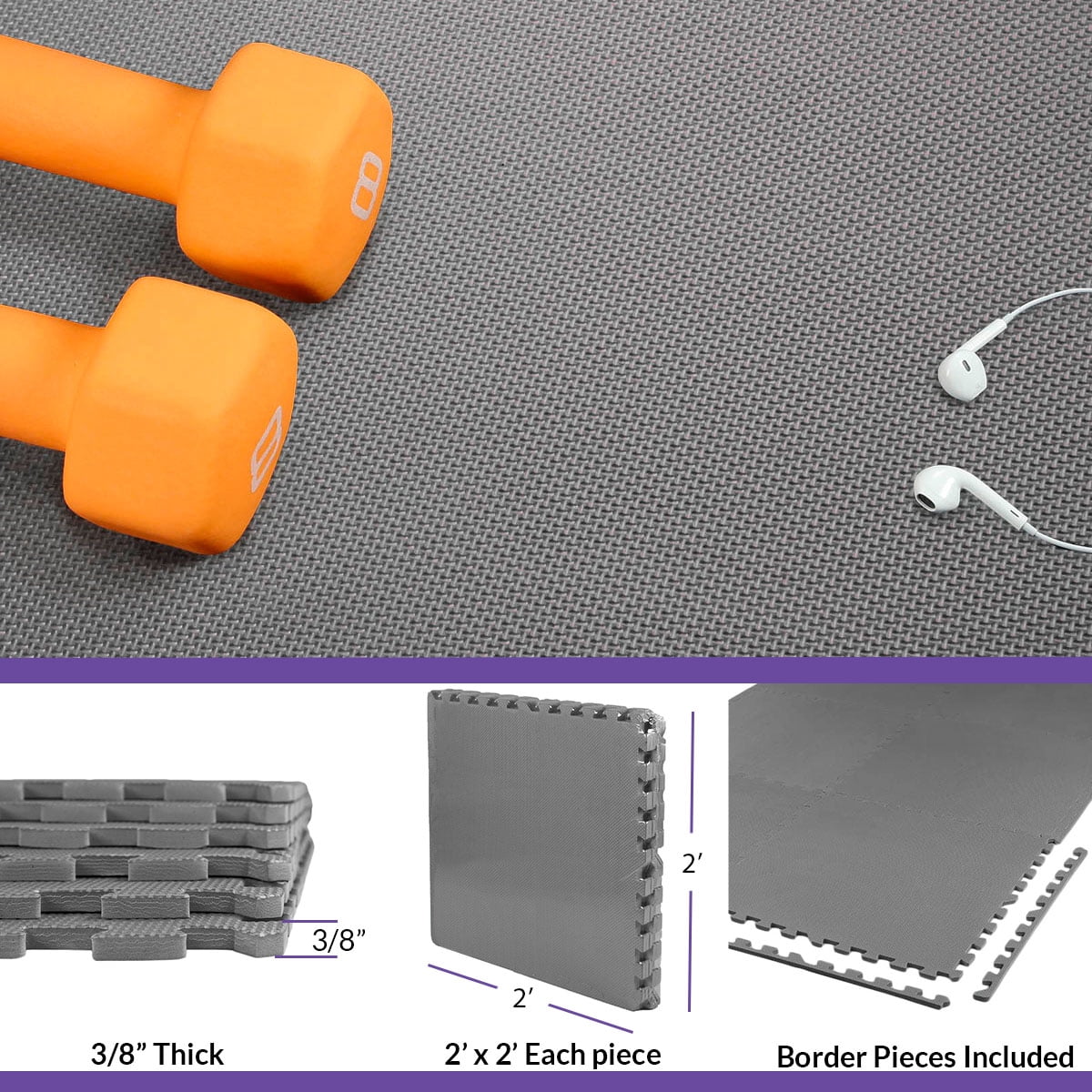 Xspec  3/8" Thick 100 Sq Ft EVA Foam Floor Exercise Gym Mats, Charcoal Grey | 1