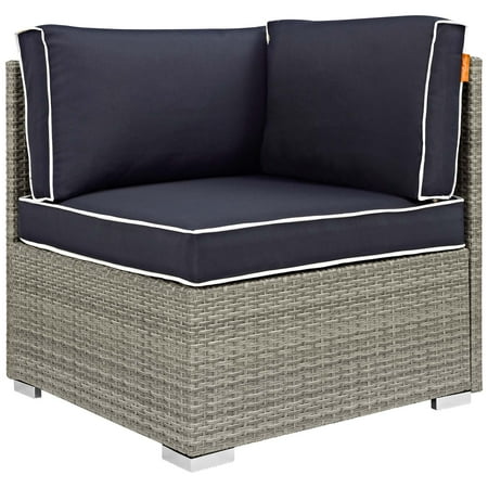 Design Rattan Furniture Modern Contemporary Urban Design Outdoor Patio Balcony Garden Furniture Sofa Corner Chair, Sunbrella Rattan Wicker, Navy Blue Light Gray ()