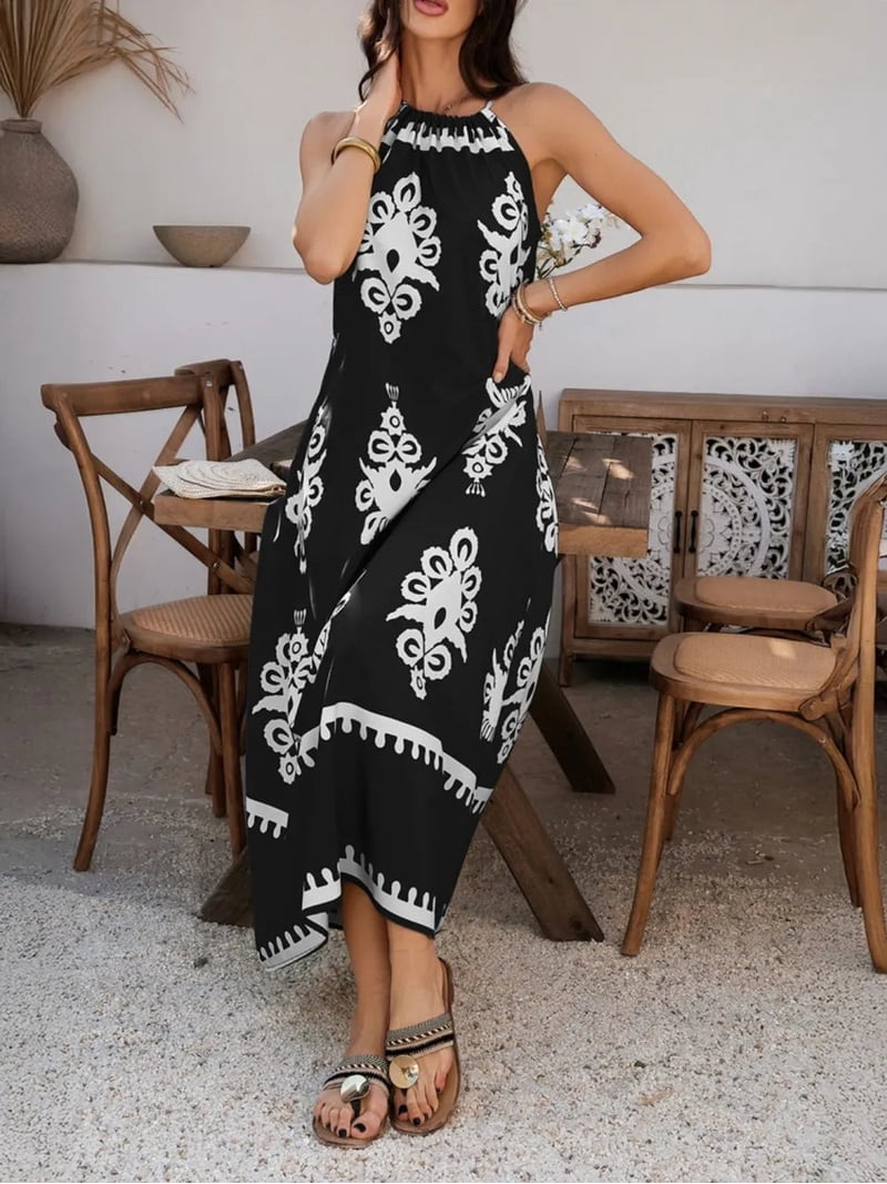 Women's Grecian Neck Printed Maxi Dress in 100% Polyester Fabric with Elegant Flowing Silhouette and Classic Print