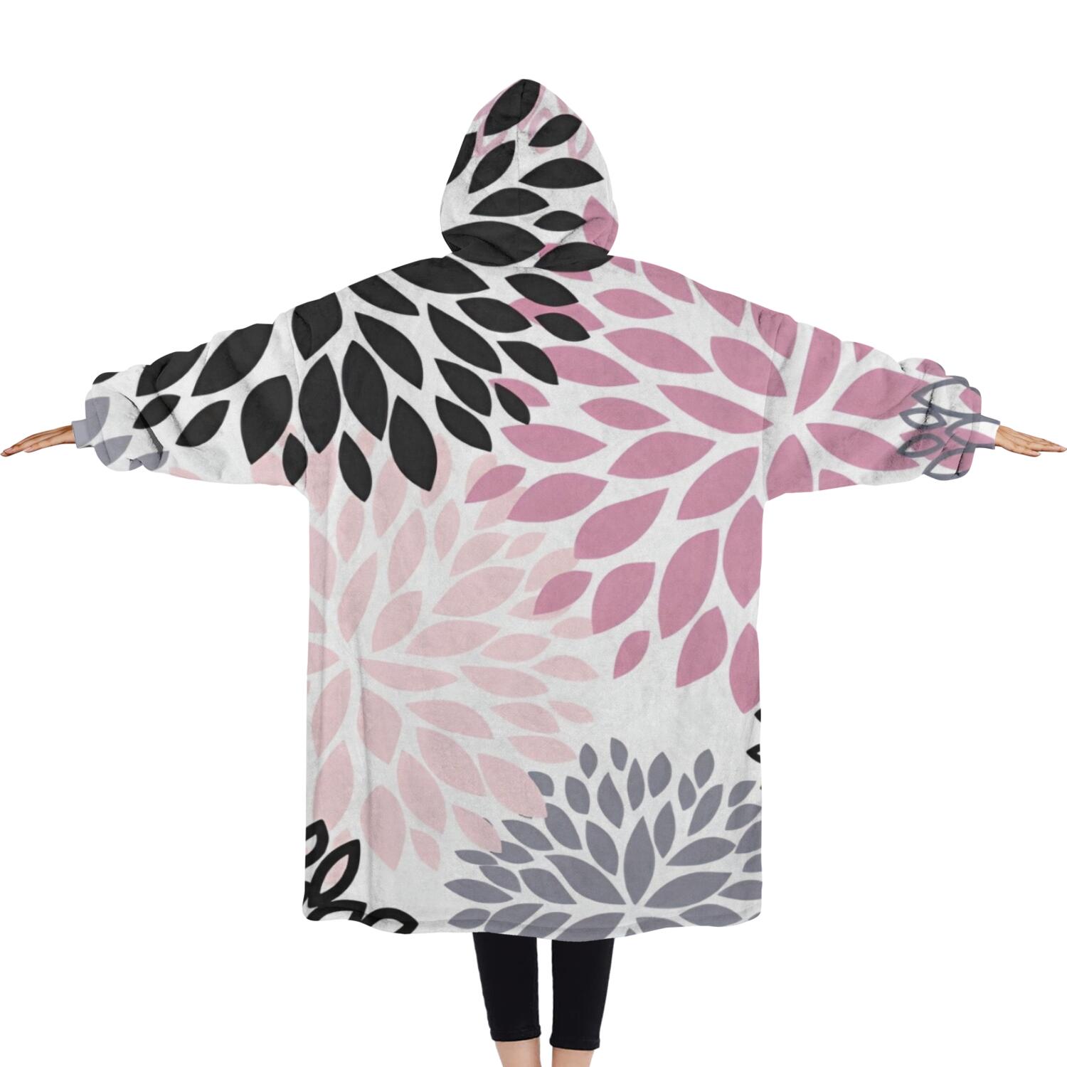 Oversized Wearable Blanket Hoodie,Pink Floral and Petal Pattern Sherpa Blanket Hoodie with Super Pockets,Super Warm Fuzzy Pullover for Women & Men