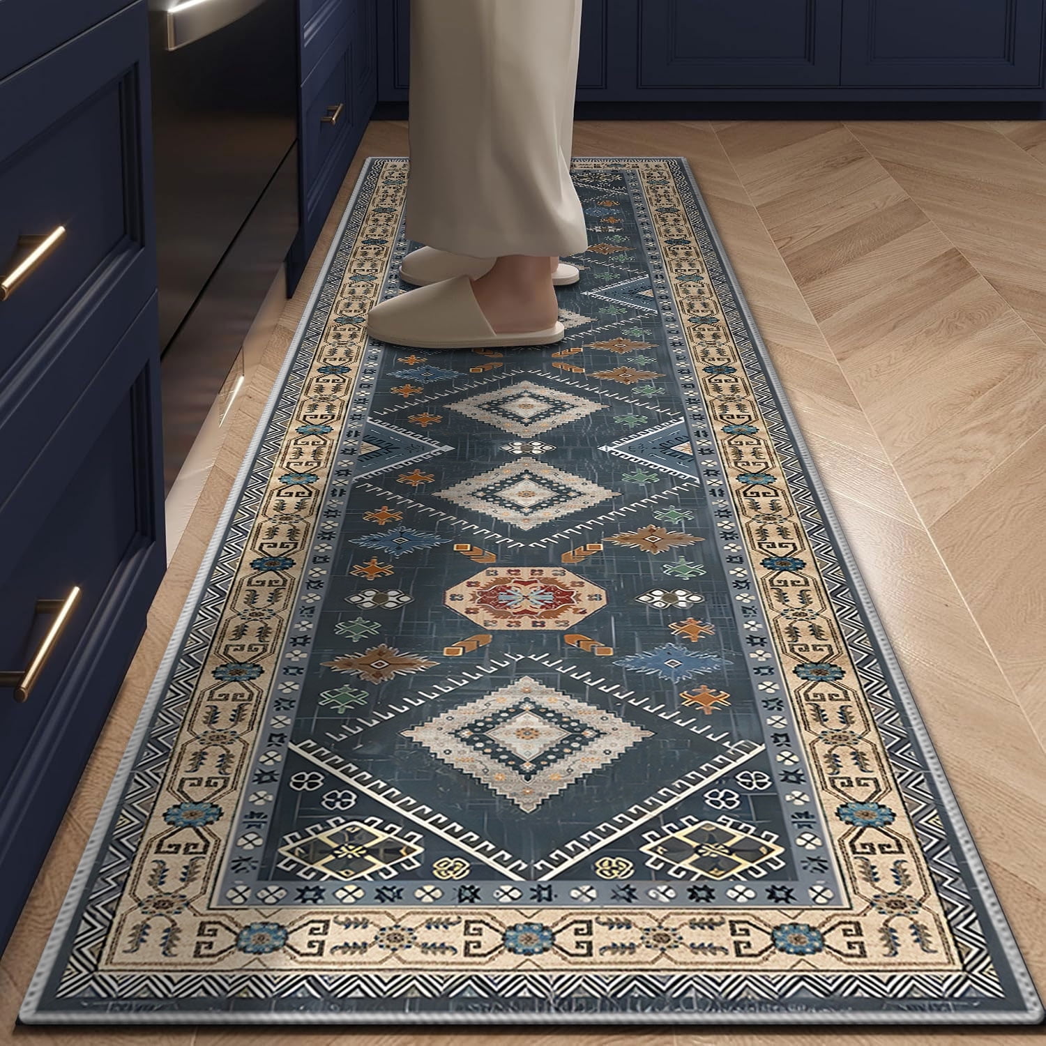 TECHVIDA 2'x8' Hallway Runner Rug Boho,Non Slip Machine Washable Rugs for Hallway Kitchen,Dark Blue