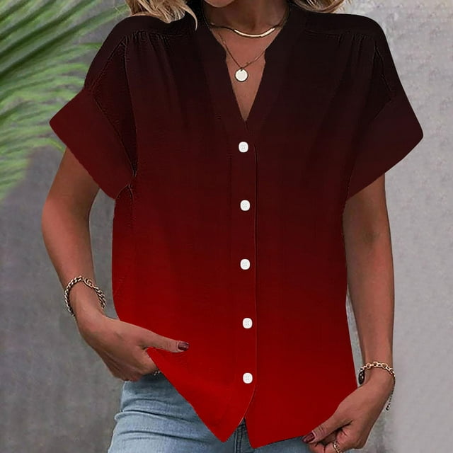 RXIRUCGD Mode Chemise Boutonnée à Manches Courtes pour Femme, Couleur Unie, Printemps/été, Rouge, Taille : M