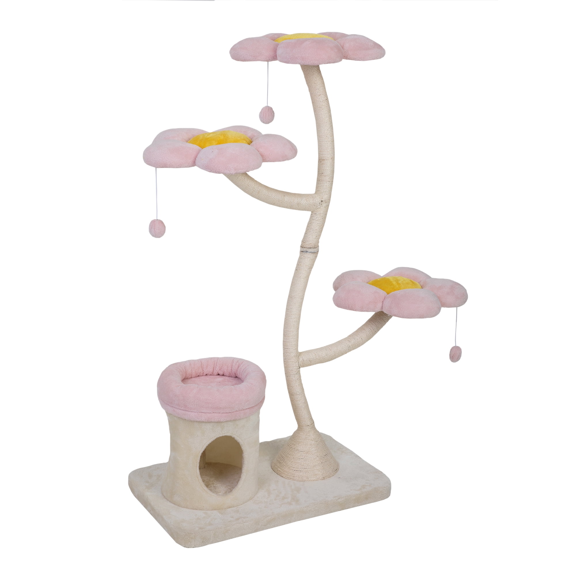 ZephyPaws 58in Flower Cat Tree Tower for Indoor Large Adult Cats,Tall Cat Tower with Sisal Scratching Posts, Flower-Shaped Platforms,Padded Cat Condo,Pink