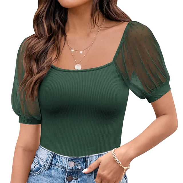Camiseta con cuello cuadrado para mujer, camiseta con manga de malla transparente y lunares, mono acanalado, camisas cortas