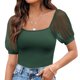 thumbnail image 1 of Top con cuello cuadrado para mujer, camiseta con manga de malla transparente y lunares, mono acanalado, camisas cortas, Verde M, 1 of 6
