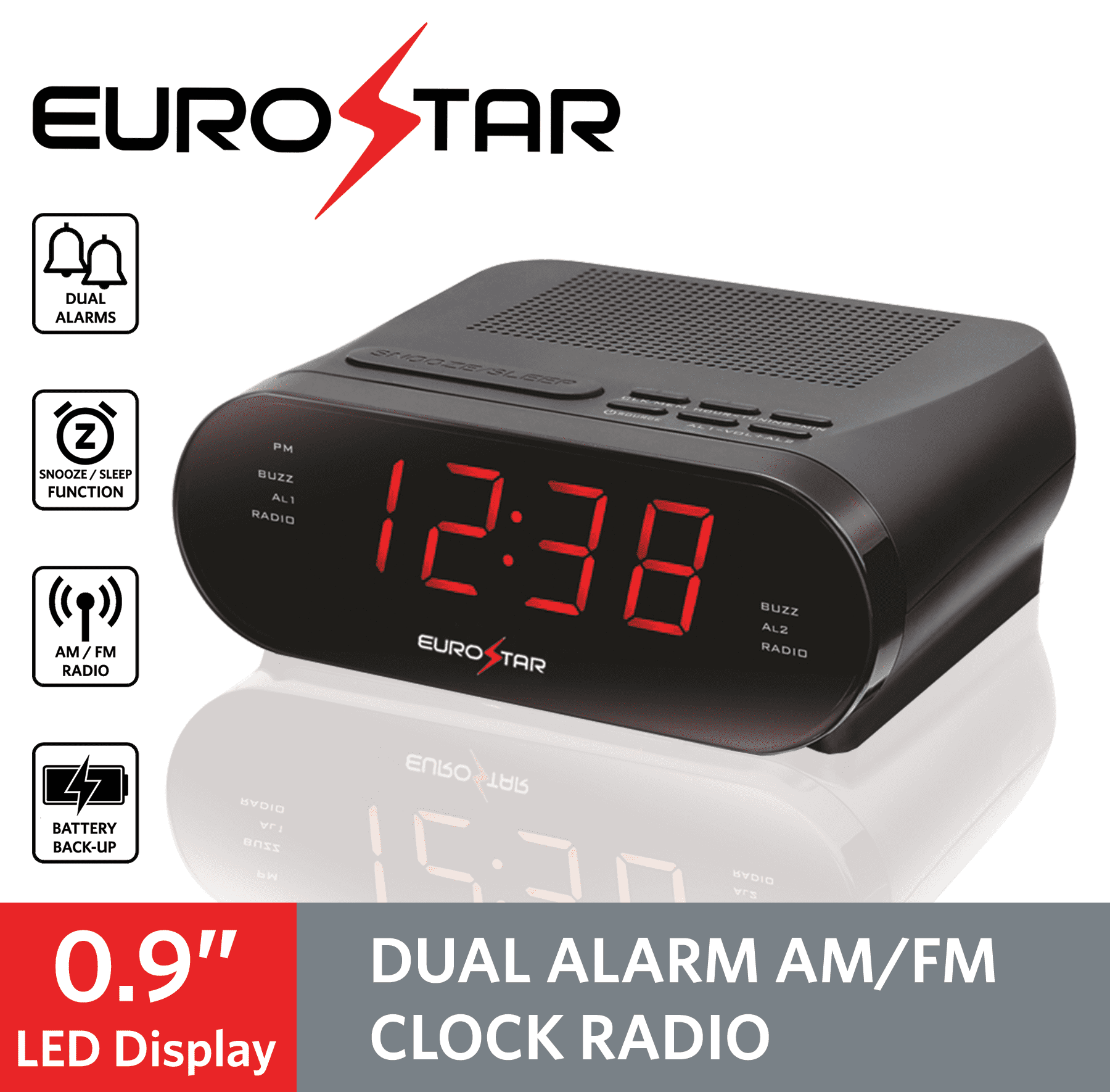 EUROSTAR CR909 Alarm Clocks, Dual Alarm AM/FM, Black