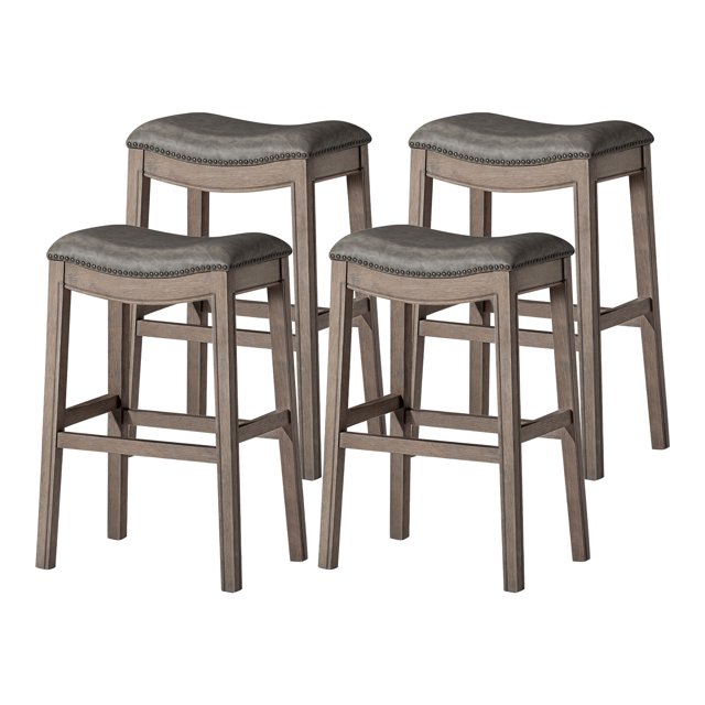 Maven Lane Adrien Saddle Barstool, Reclaimed Oak w/ Ronan Stone Vegan Leather