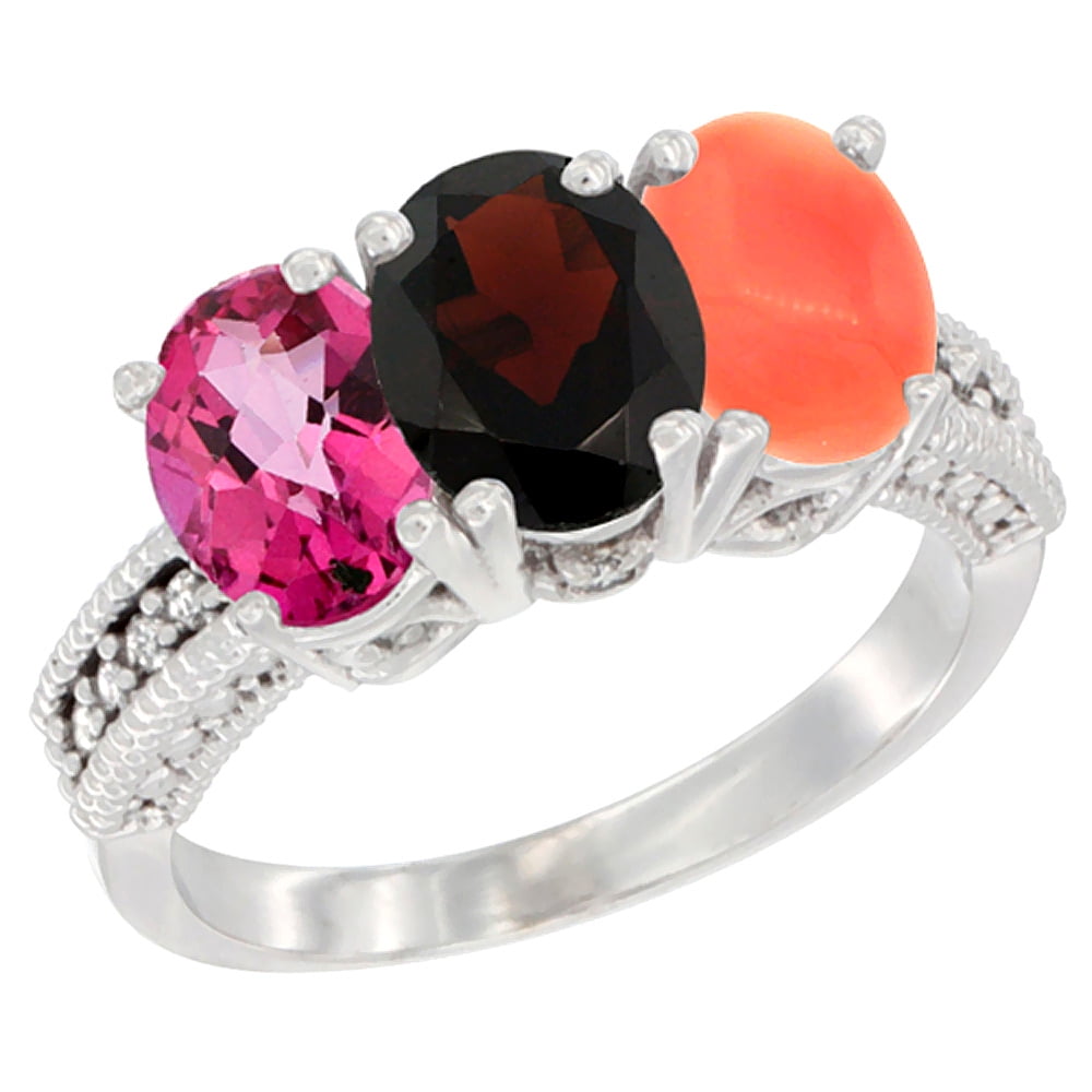 10K White Gold Natural Pink Topaz, Garnet & Coral Ring 3-Stone Oval 7x5 mm Diamond Accent, sizes 5 10 by WorldJewels