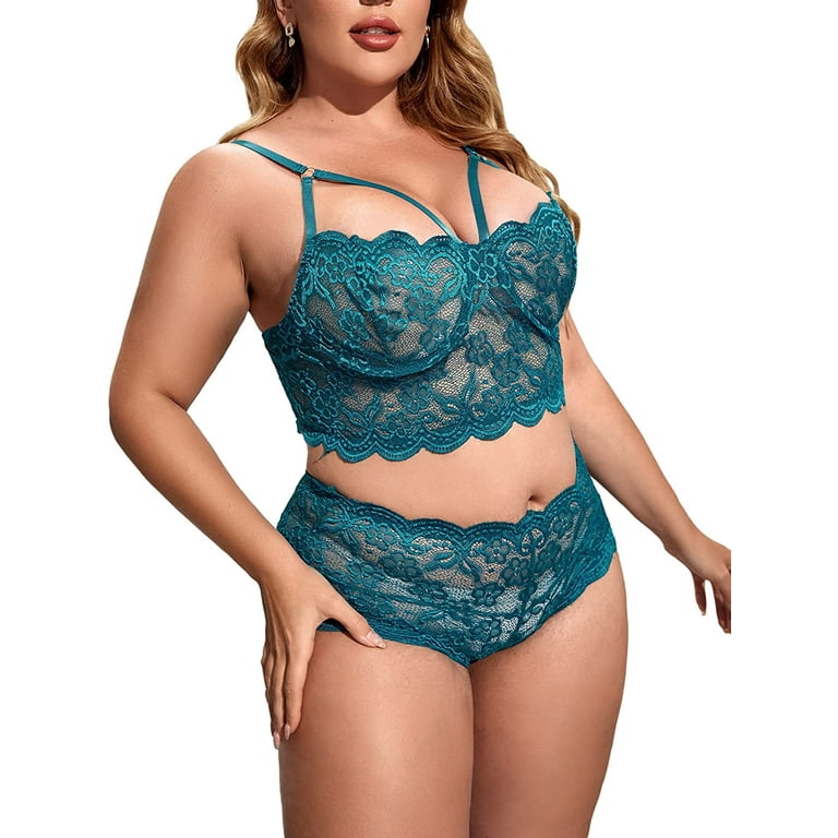 SOLY HUX Women's Plus Size Floral Lace Scalloped Trim Underwire Lingerie Bra  and Panty 