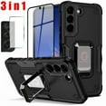 thumbnail image 1 of For Samsung Galaxy S21 FE 5G Case With Screen Protectore Camera Lens Tempered Glass, 360 Degree Rotating Metal Magnetic Ring Car Mount Holder Kickstand Heavy Duty Cover - Black1, 1 of 5