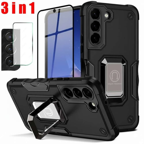 For Samsung Galaxy S21 FE 5G Case With Screen Protectore Camera Lens Tempered Glass, 360 Degree Rotating Metal Magnetic Ring Car Mount Holder Kickstand Heavy Duty Cover - Black1
