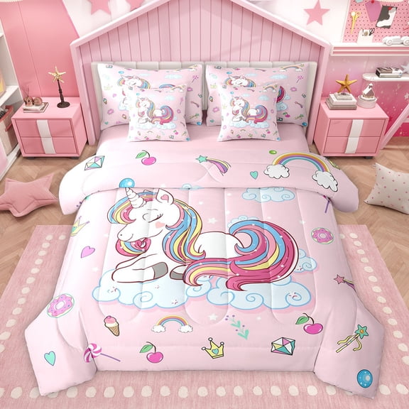 Feelyou Kawaii Magic Unicorn Bedding Comforter Set 7 Pieces, Dreamy Rainbow Cloud Full Bedding Set, Cute Cartoon Animal Reversible Fitted Sheet Flat Sheet, Breathable Home Decor